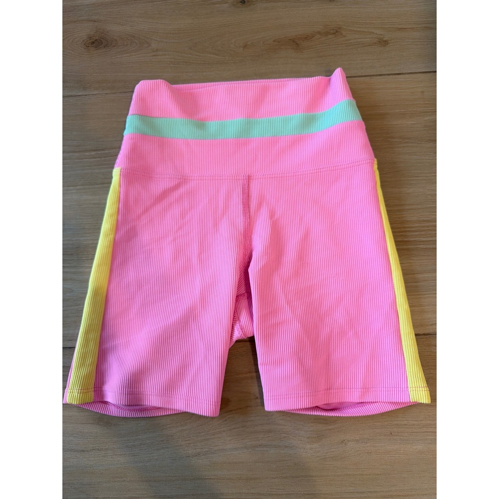Beach Riot Pink Bike Shorts with Yellow Side Panels and Mint Stripe